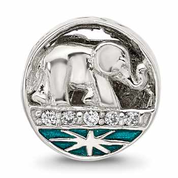 Sterling Silver Polished Cubic Zirconia Blue Enamel Elephant with Stars Bead