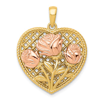14k Two-tone Gold Polished and Textured Flowers in Heart Pendant