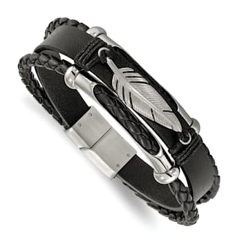 Black Leather and Stainless Steel Polished Feather Multi-Strand
8.25-inch Bracelet