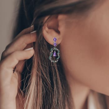 Amethyst and Green Nanocrystal Black Rhodium Over Sterling Silver Earrings