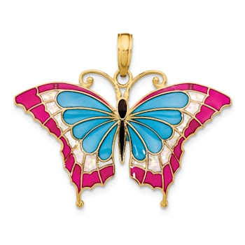 14k Yellow Gold Multi-Color Enameled Butterfly Pendant
