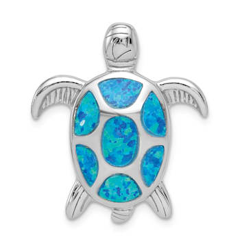 Rhodium Over Sterling Silver Lab Created Blue Opal Turtle Slide Pendant