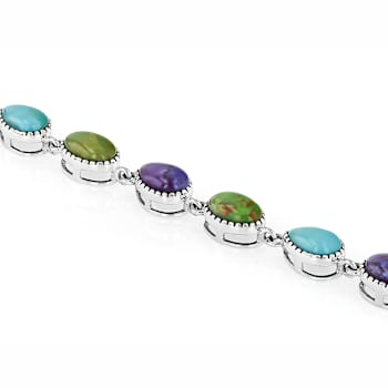 Multi-Color Turquoise Sterling Silver Station Bracelet 8x5mm
