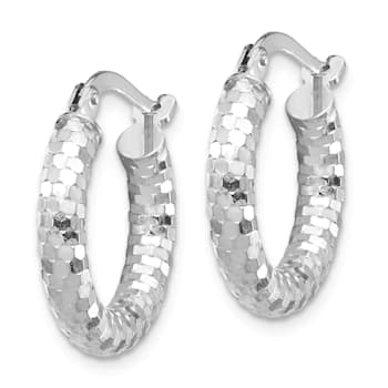 Rhodium Over 14K White Gold 3/8" Diamond-Cut Hoop Earrings