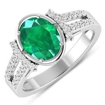 1.83ctw Green Emerald and Diamond 14K White Gold Halo Ring