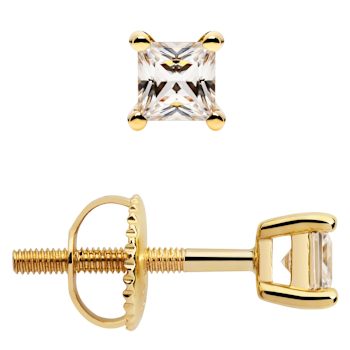 White Cubic Zirconia 14k Yellow Gold Studs With Velvet Gift Box 0.60ctw