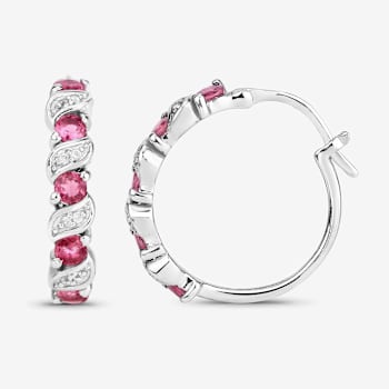 Pink Tourmaline and White Topaz Sterling Silver Hoop Earrings