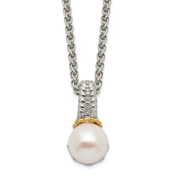 Rhodium Over Sterling Silverwith 14K Accent 8-9mm Freshwater Cultured
Pearl Necklace