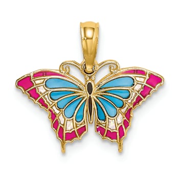 14k Yellow Gold Small Enameled Blue and Red Butterfly Pendant