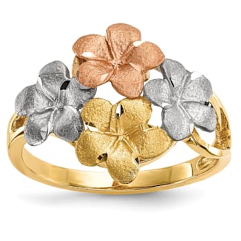14K Polished and Satin Diamond-cut 4-Plumeria Ring