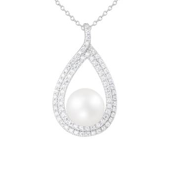7-11mm Button White Freshwater Pearl and CZ Rhodium Over Sterling
Earring and Pendant W/Chain Set