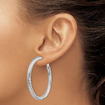 Rhodium Over 14k White Gold 1 13/16" Diamond-Cut Round Hoop Earrings