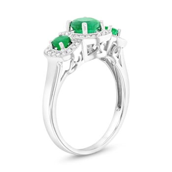 Emerald and Diamond 14k White Gold 3-Stone Design Ring 0.95ctw
