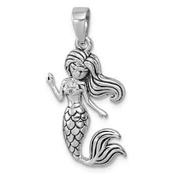 Rhodium Over Sterling Silver Antiqued Mermaid Pendant