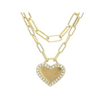 Heart Paperclip Pendant With CZ Necklace In 18k Gold Over Sterling Silver