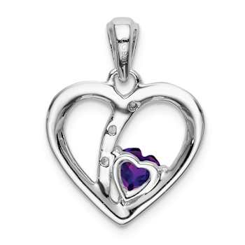 Rhodium Over 14k White Gold Amethyst and Diamond Heart Pendant