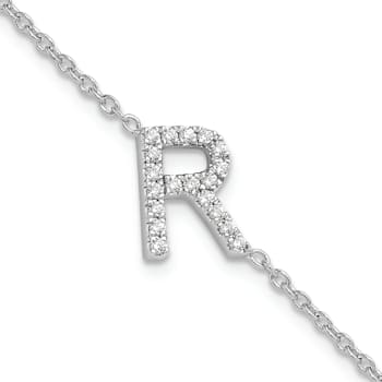 Rhodium Over 14k White Gold Diamond Sideways Letter R Bracelet