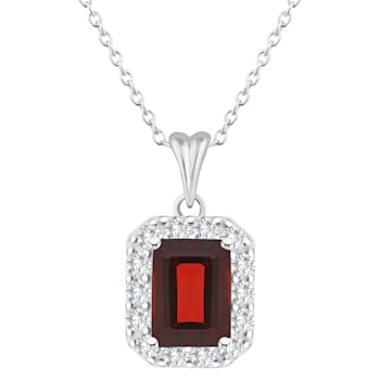 8x6mm Emerald Cut Garnet and White Topaz Accent Rhodium Over Sterling
Silver Halo Pendant w/Chain