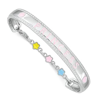 Rhodium Over Sterling Silver Enamel PRINCESS with Chain Baby Bangle