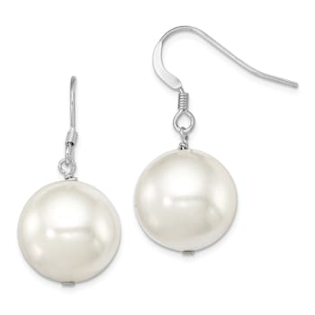 Rhodium Over Sterling Silver 14-15mm Round Shell Pearl Dangle Earrings