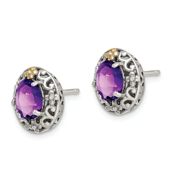 Sterling Silver Antiqued with 14K Accent Amethyst Post Earrings