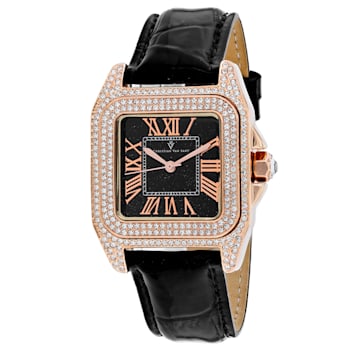 Christian Van Sant Women's Radieuse Black Dial, Rose Bezel, Black
Leather Strap Watch