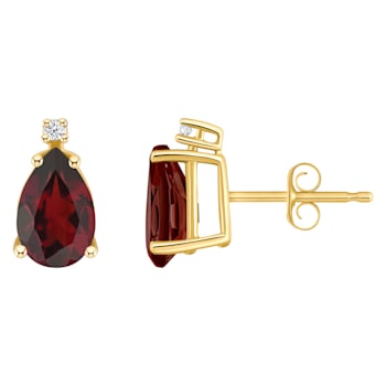 8x5mm Pear Shape Garnet with Diamond Accents 14k Yellow Gold Stud Earrings