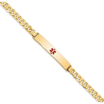 14k Yellow Gold Medical Red Enamel Flat Curb Link ID Bracelet