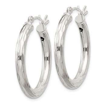 Sterling Silver Diamond-cut Satin 3x25mm Hoop Earrings