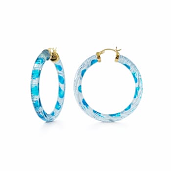 14K Yellow Gold Over Sterling Silver Painted Hoops in Light Blue Stripe