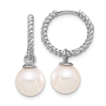 Rhodium Over 14K White Gold 7-8mm Black and White Freshwater Cultured
Pearl Dangle Hoop Earrings