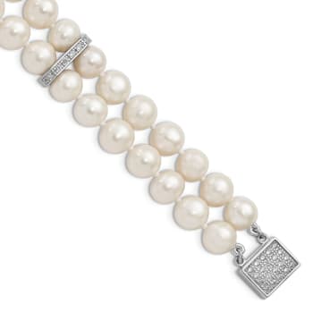 Rhodium Over Sterling Silver 7-8mm White Freshwater Cultured Pearl
2-Strand CZ Fancy Bracelet