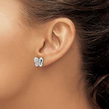 Rhodium Over 14k White Gold Diamond Butterfly Stud Earrings