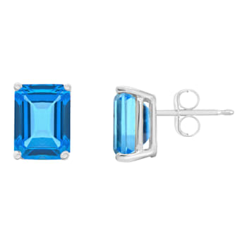 8x6mm Emerald Cut Blue Topaz 14k White Gold Stud Earrings