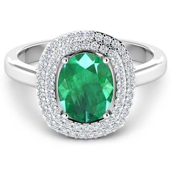 1.81ctw Green Emerald and Diamond 14K White Gold Halo Ring