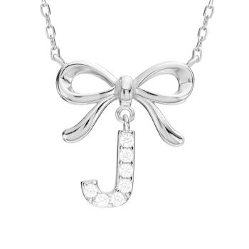 Initial J Bow CZ Necklace In Sterling Silver 0.23ctw