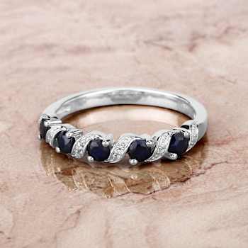 Blue Sapphire and White Topaz Five Stone Sterling Silver Band Ring