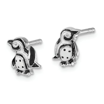 Rhodium Over Sterling Silver Polished Enamel Penguin Post Earrings