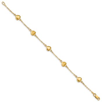14k Yellow Gold Brushed and Polished Hearts Station Bracelet