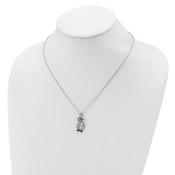 Rhodium Over Sterling Silver Enamel and Cubic Zirconia Penguin Necklace