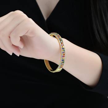 Multi-Color CZ Bangle Bracelet In 14K Gold Over Brass