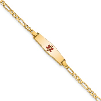 14k Yellow Gold Medical Soft Diamond Shape Red Enamel Figaro Link ID Bracelet