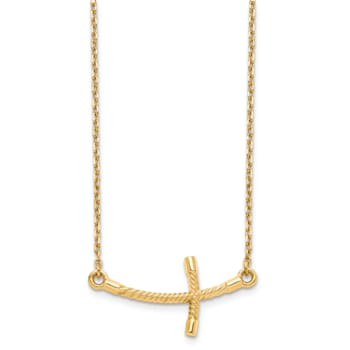 14K Yellow Gold Large Sideways Curved Twist Cross Necklace