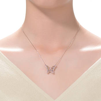 Multi-Color CZ Butterfly Station Necklace In 18K Rose Gold Over Sterling Silver