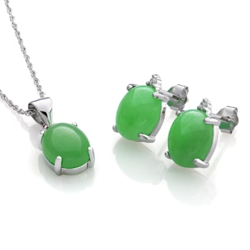 Sterling Silver Jadeite and Cubic Zirconia Pendant and Earring Set