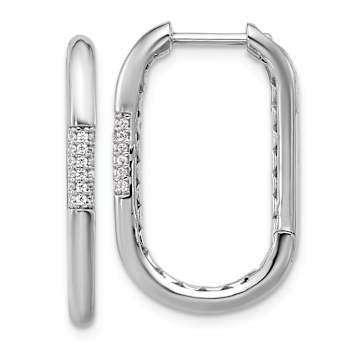 Rhodium Over Sterling Silver Polished Cubic Zirconia Oval Hinged Hoop Earrings