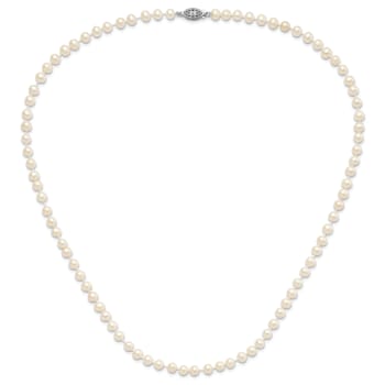 Rhodium Over Sterling Silver 5-6mm White Freshwater Cultured Pearl Necklace