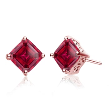 Ruby Color CZ Princess-Cut Stud Earrings In 18K Rose Gold Over Sterling Silver