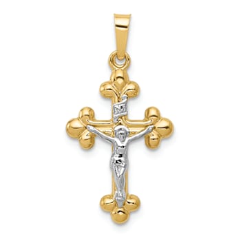 14K Two-tone Gold Polished Brushed Budded INRI Crucifix Pendant