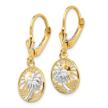 14k Two-tone Gold Palm Tree Dangle Earrings